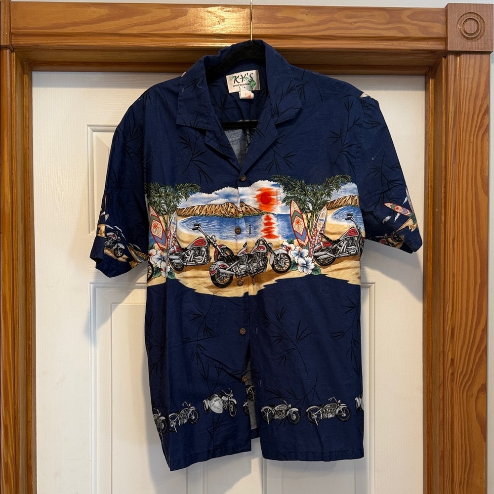 K.Y.'S Made in Hawaii Navy Aloha Shirt with Green Island Embroidery